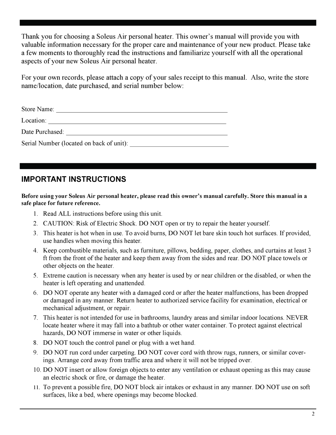 Soleus Air 3077997, HR3-08-21 manual Important Instructions 