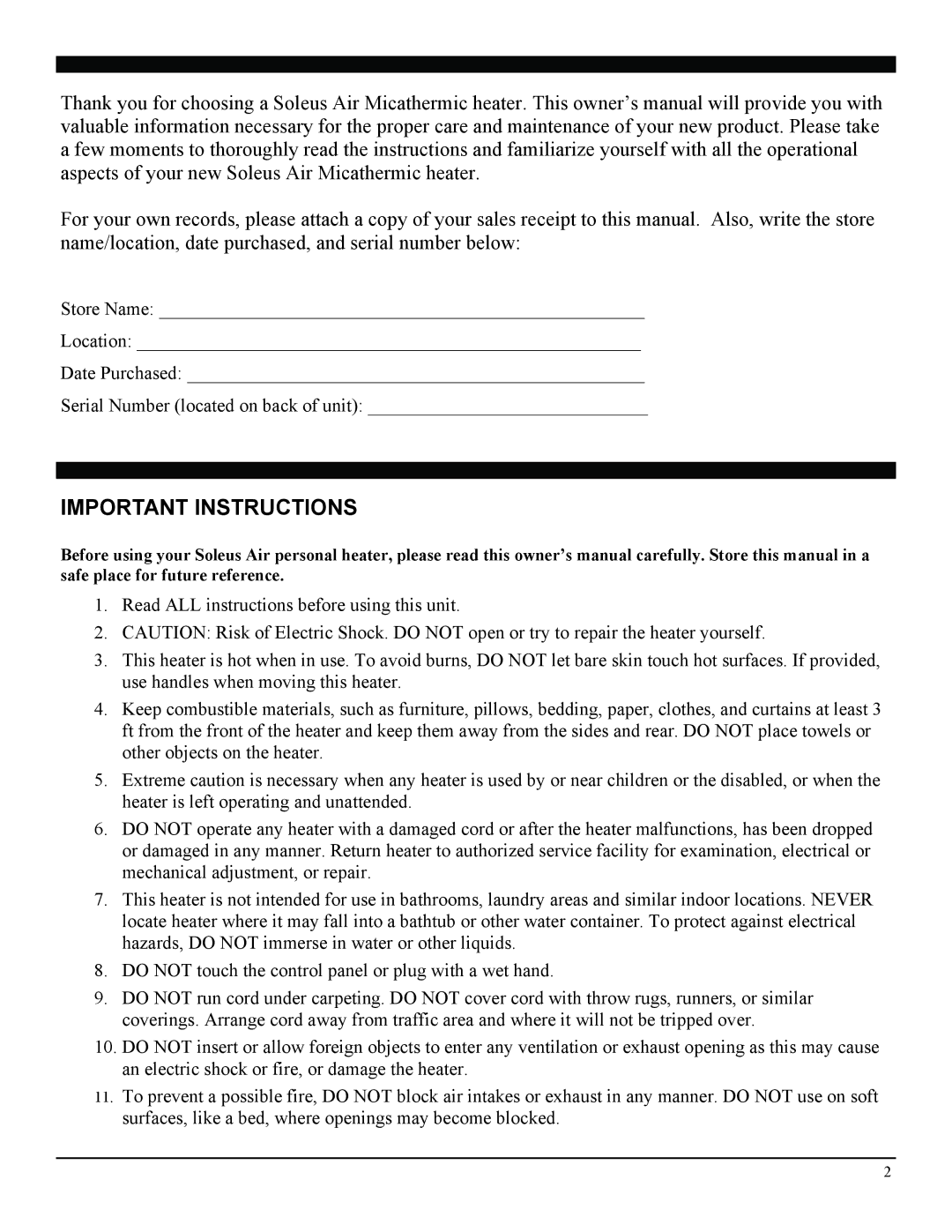 Soleus Air 3092402 manual Important Instructions 