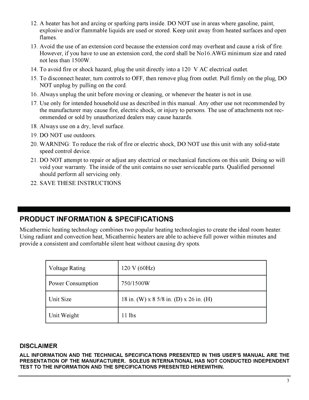 Soleus Air 3092402 manual Product Information & Specifications, Disclaimer 