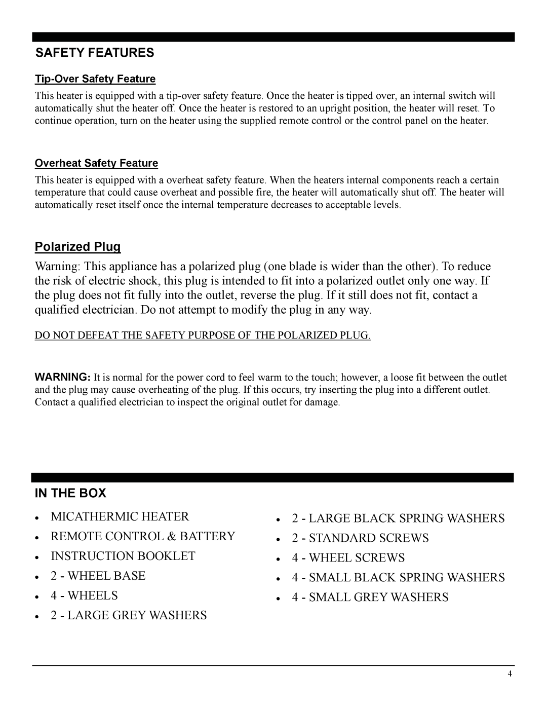 Soleus Air 3092402 manual Safety Features, Box 