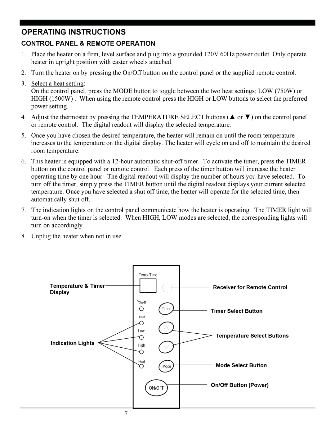 Soleus Air 3092402 manual Operating Instructions, Control Panel & Remote Operation 