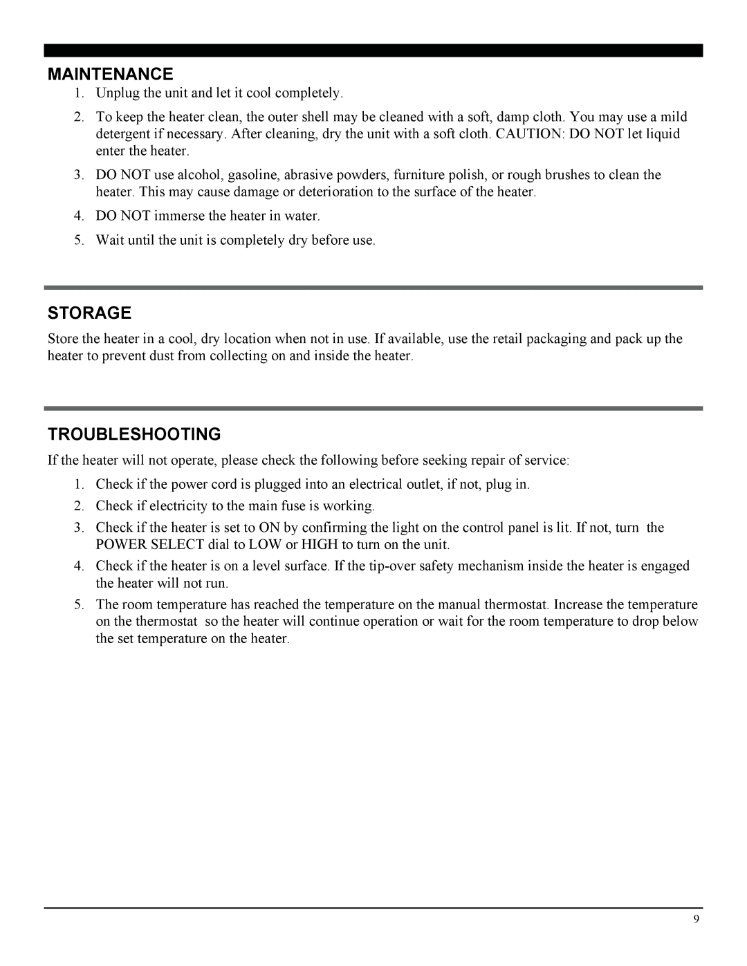 Soleus Air 3092402 manual Maintenance, Storage, Troubleshooting 