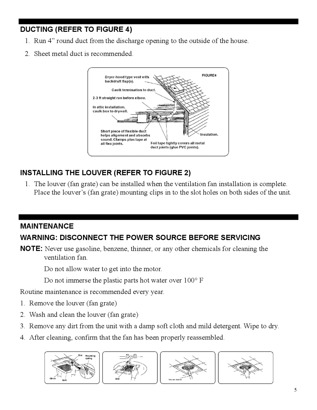 Soleus Air 50 CFM, 90CFM, FE1-07. FE1-09, 70CFM Ducting Refer to Figure, Installing the Louver Refer to Figure, Maintenance 