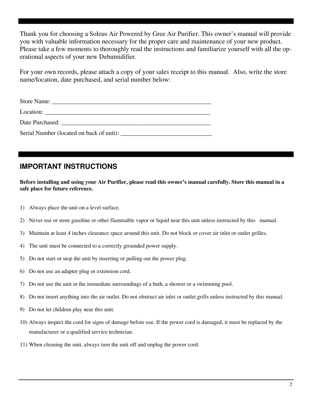 Soleus Air AH1-CC-01 operating instructions Important Instructions 