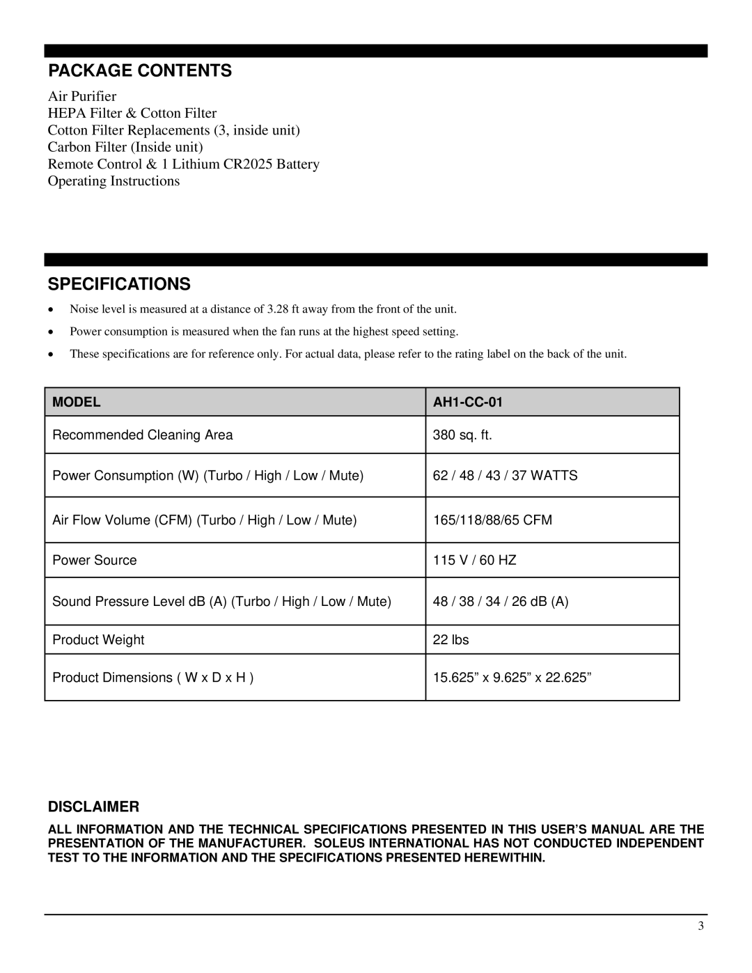 Soleus Air AH1-CC-01 operating instructions Package Contents, Specifications 