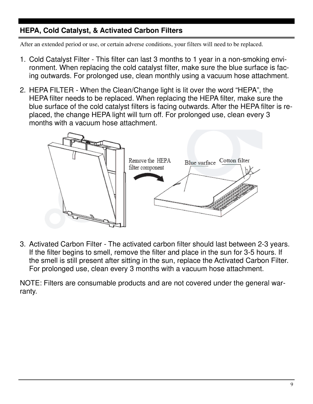 Soleus Air AH1-CC-01 operating instructions HEPA, Cold Catalyst, & Activated Carbon Filters 