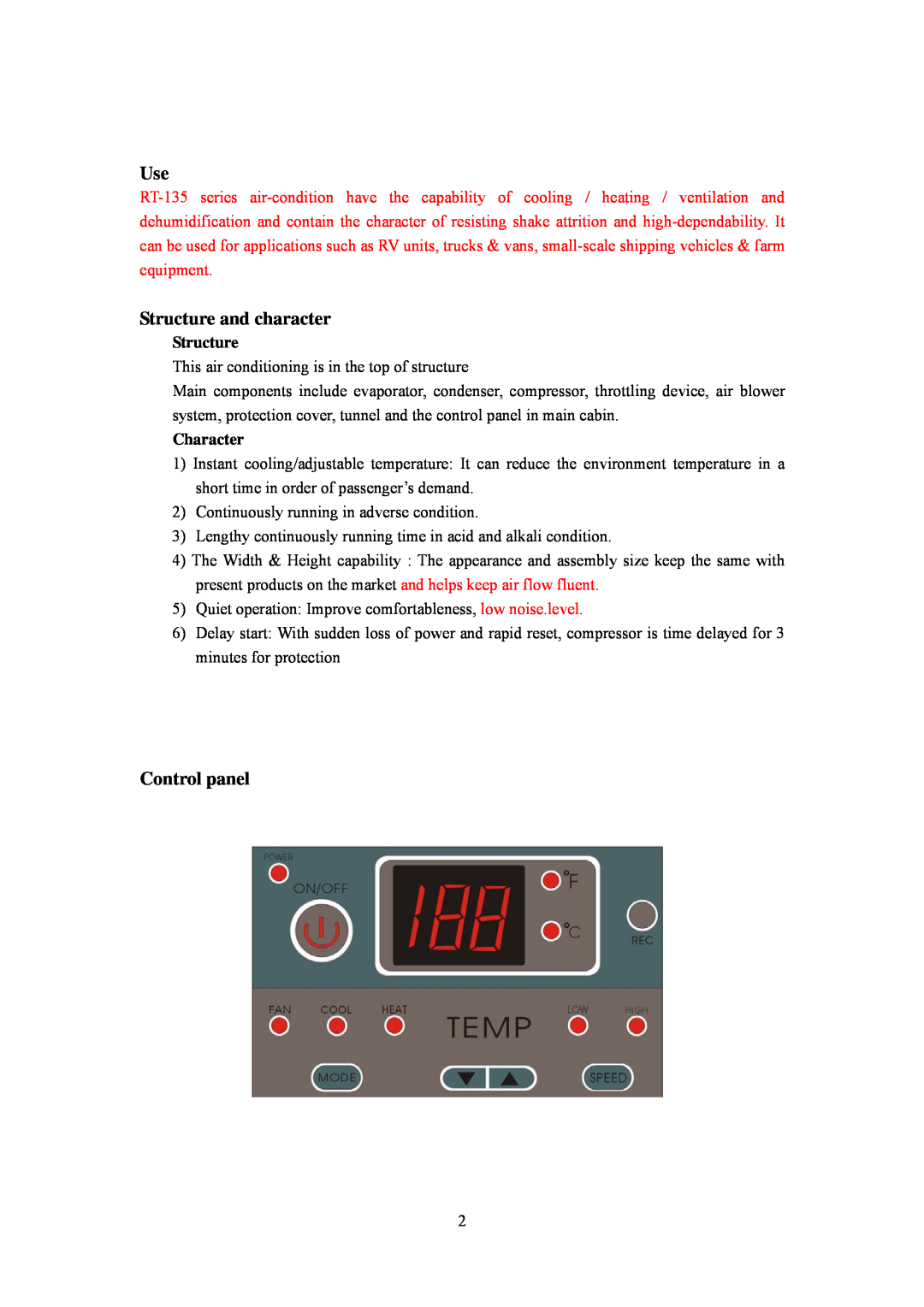 Soleus Air air-condition owner manual Structure and character, Control panel, Character 