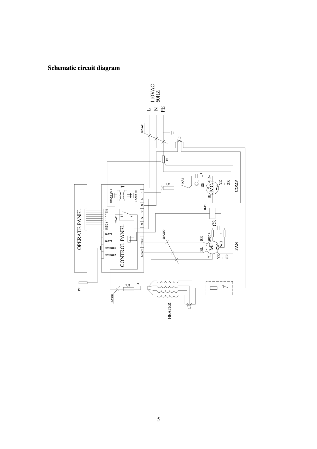 Soleus Air air-condition Schematic circuit, diagram, Operate Panel, Control Panel, L 110VAC N 60HZ PE, Heater, Fancomp 