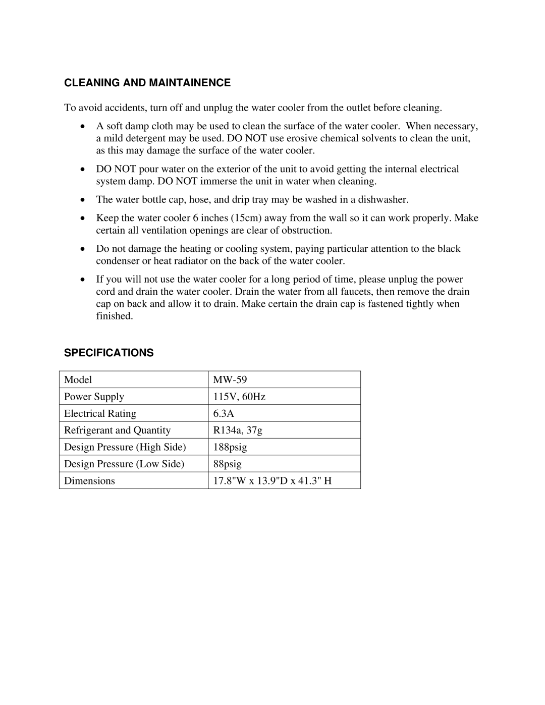 Soleus Air Aqua Sub MW-59 owner manual Cleaning and Maintainence, Specifications 