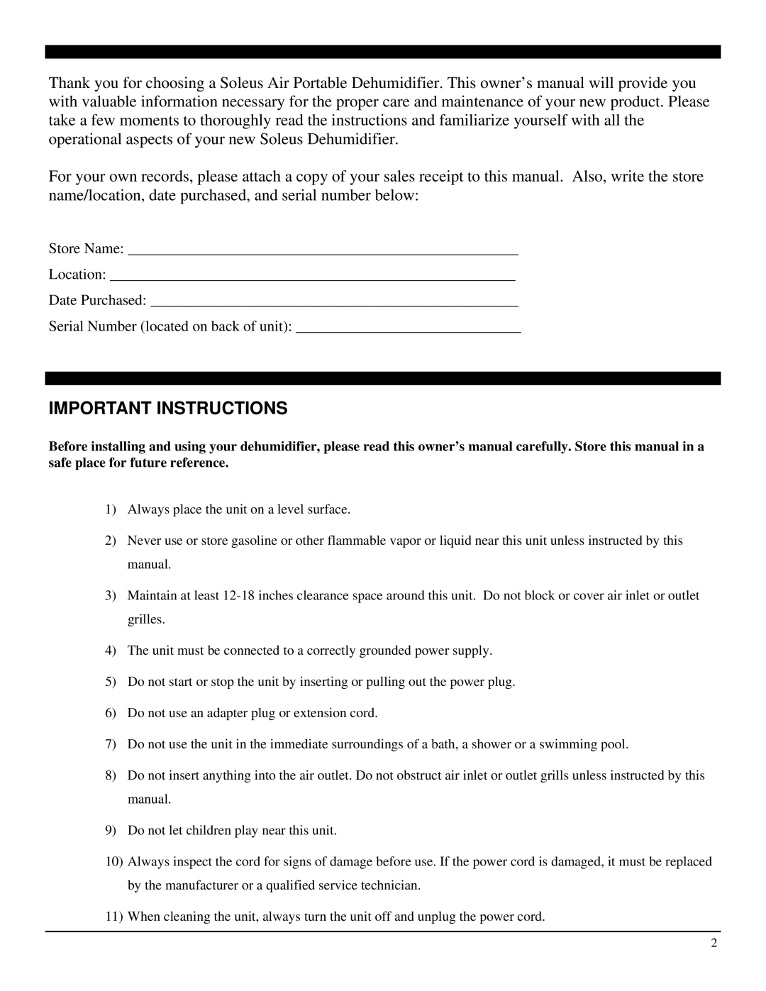 Soleus Air DP1-30-03, DP1-40-03 manual Important Instructions 