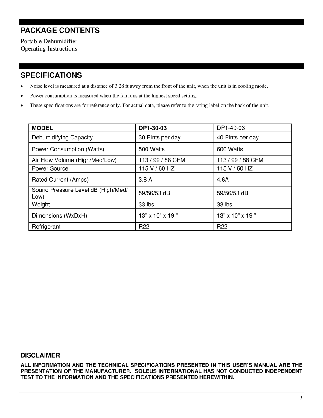 Soleus Air DP1-40-03, DP1-30-03 manual Package Contents, Specifications, Disclaimer 