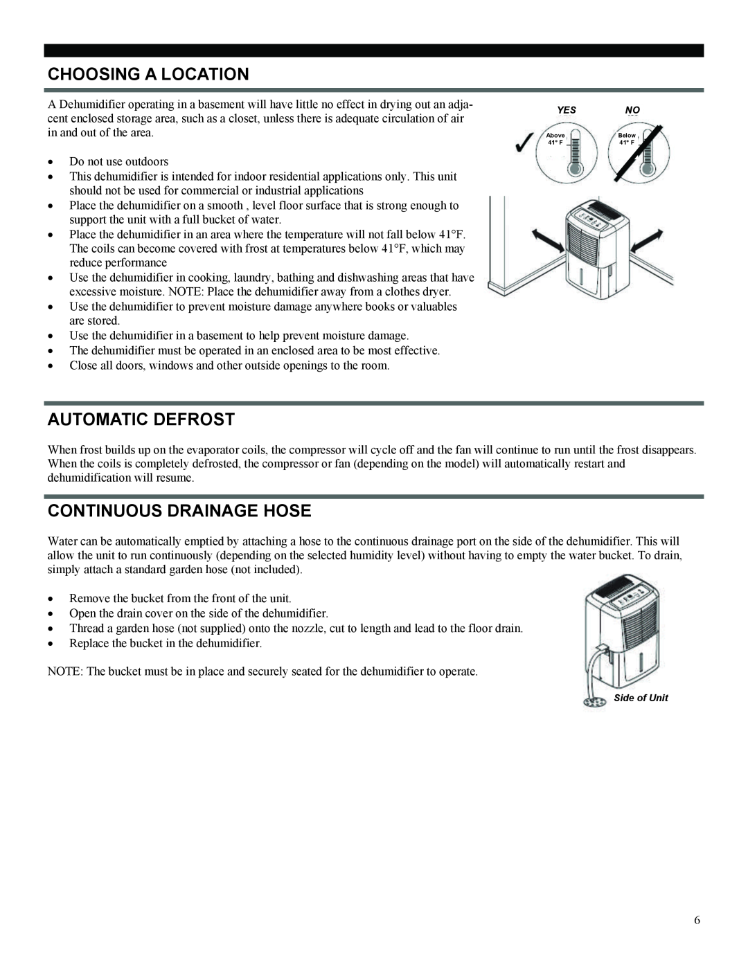 Soleus Air DP1-70-03, DP1-50-03 manual Choosing A Location, Automatic Defrost, Continuous Drainage Hose 