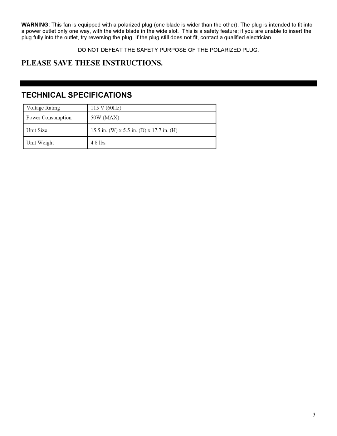 Soleus Air FB1-30-20 manual Please Save These Instructions Technical Specifications 