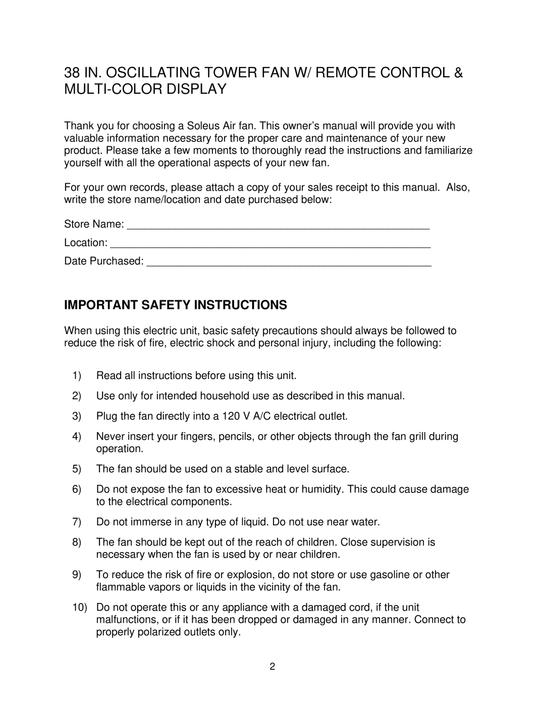 Soleus Air FC1-38R-21 owner manual Important Safety Instructions 