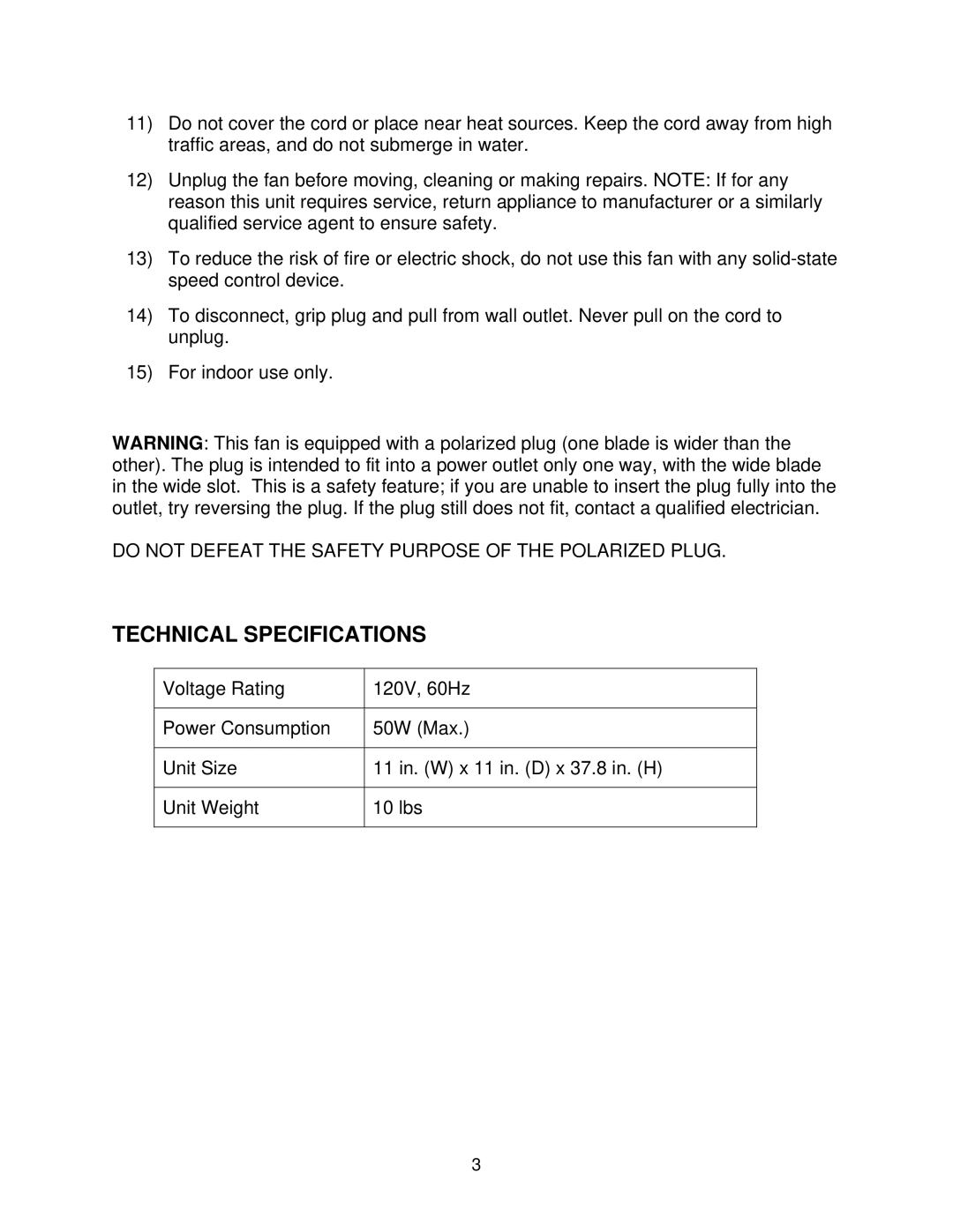 Soleus Air FC1-38R-21 owner manual Technical Specifications 