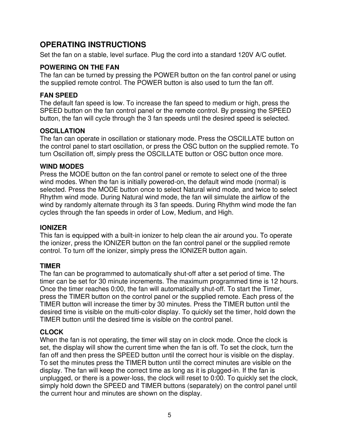 Soleus Air FC1-38R-21 owner manual Operating Instructions, Powering on the FAN 