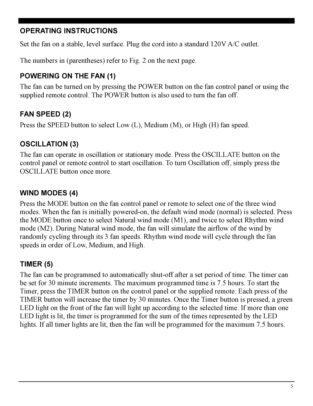 Soleus Air FC1-42R-21 manual Operating Instructions, Powering on the FAN, FAN Speed, Oscillation, Wind Modes, Timer 