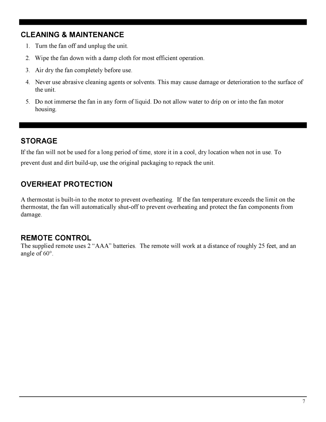 Soleus Air FC1-42R-21 manual Cleaning & Maintenance, Storage, Overheat Protection, Remote Control 