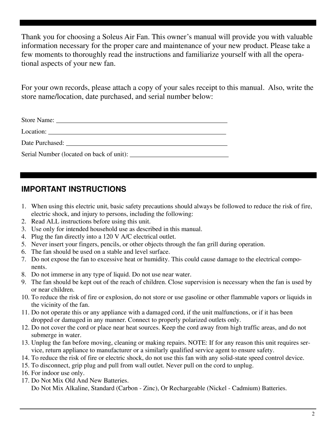 Soleus Air FC3-35R-12 manual Important Instructions 