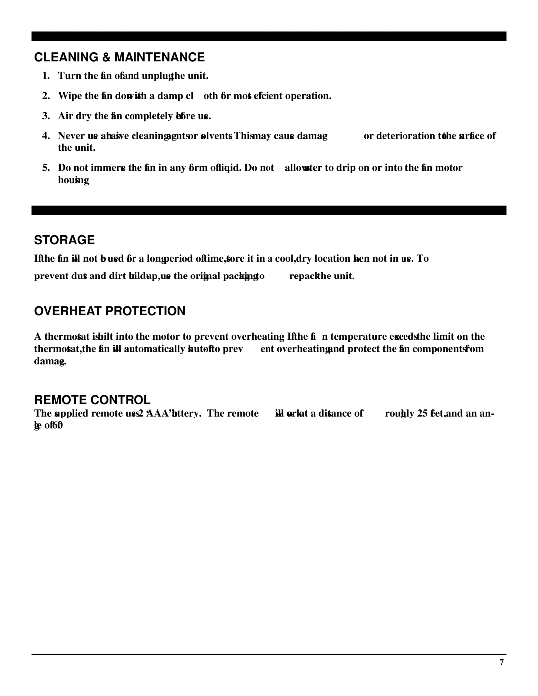 Soleus Air FC3-35R-12 manual Cleaning & Maintenance, Storage, Overheat Protection, Remote Control 