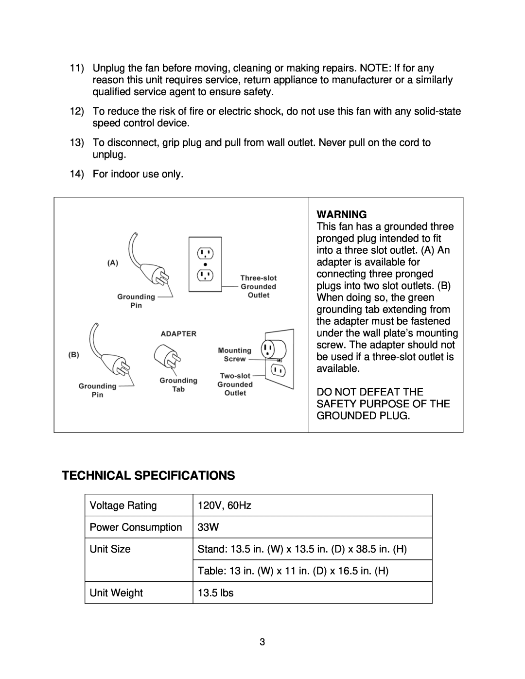 Soleus Air FCM-30 owner manual Technical Specifications 