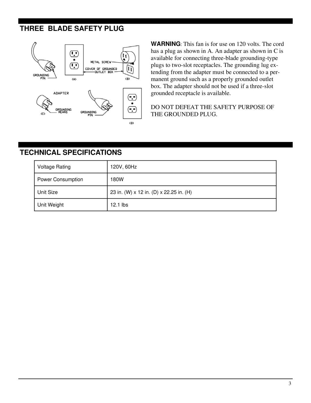 Soleus Air FF1-50-53 manual Three Blade Safety Plug, Technical Specifications 