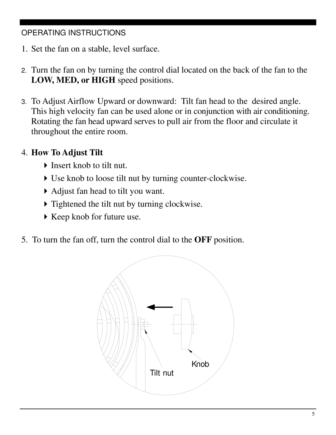 Soleus Air FF1-50-53 manual How To Adjust Tilt, Operating Instructions 