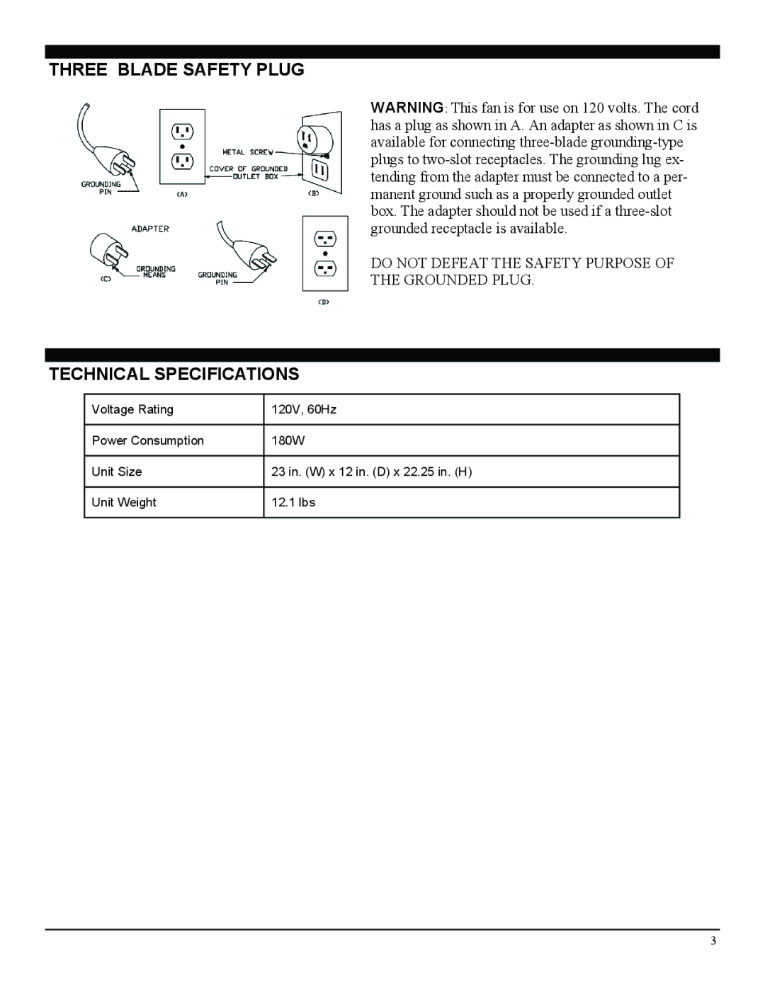 Soleus Air FF1-50-53 manual Three Blade Safety Plug, Technical Specifications 