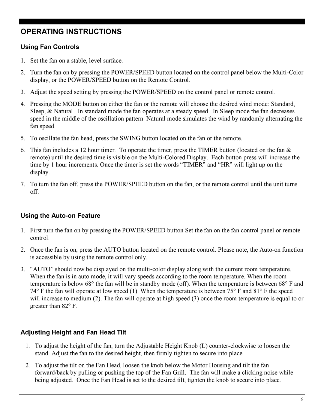 Soleus Air FS1-40R-33 manual Operating Instructions 