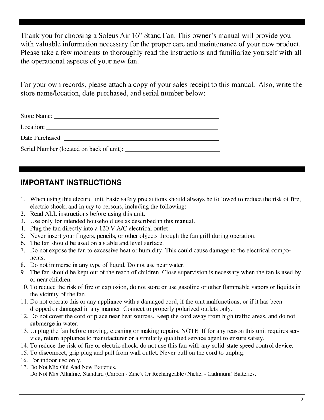 Soleus Air FS2-40R-32 operating instructions Important Instructions 