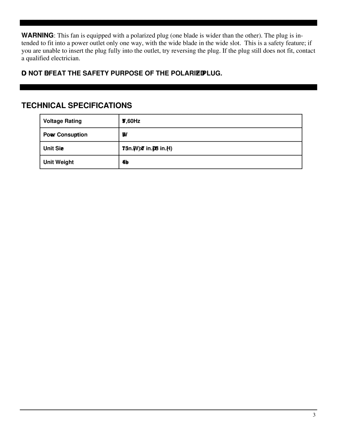 Soleus Air FS2-40R-32 operating instructions Technical Specifications 