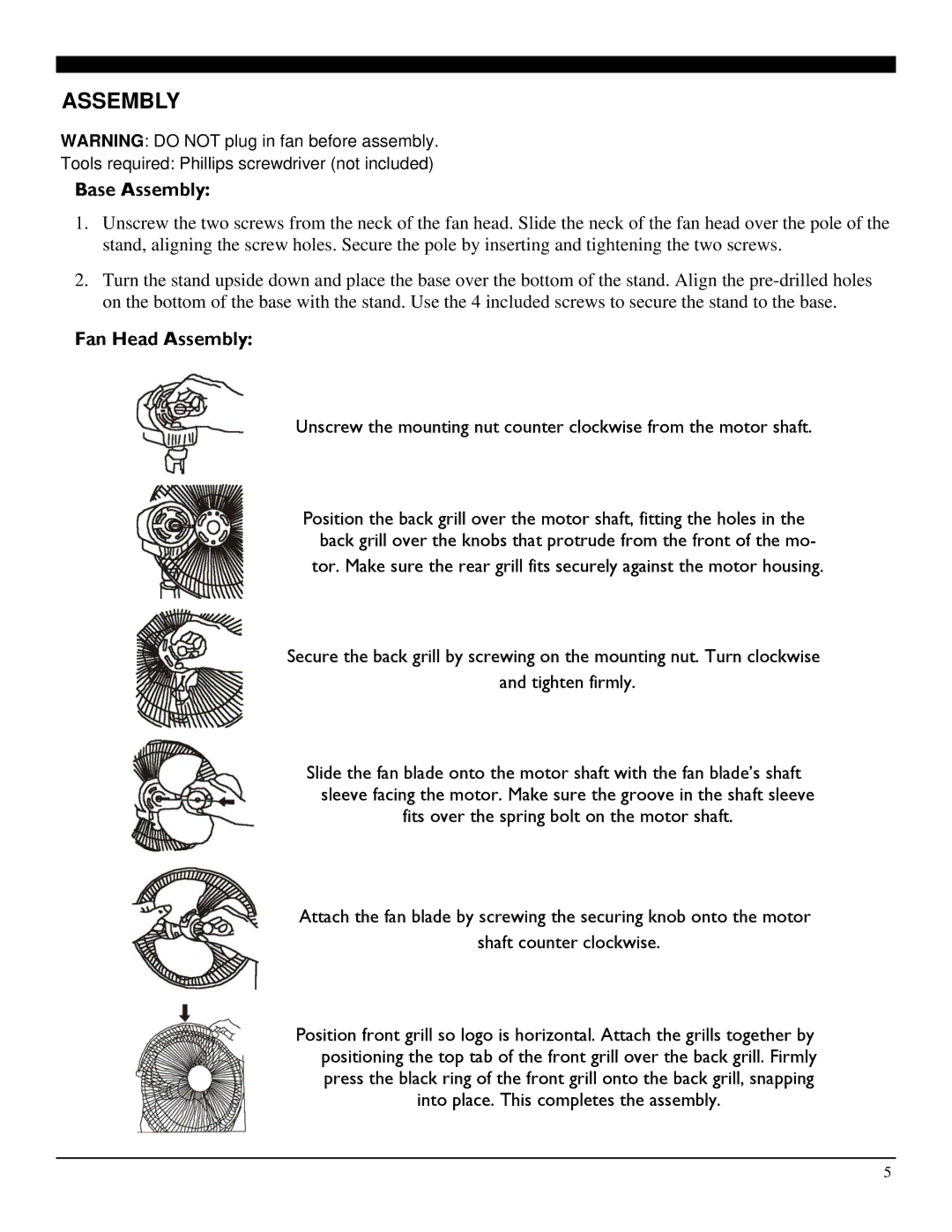 Soleus Air FS2-40R-32 operating instructions Base Assembly 