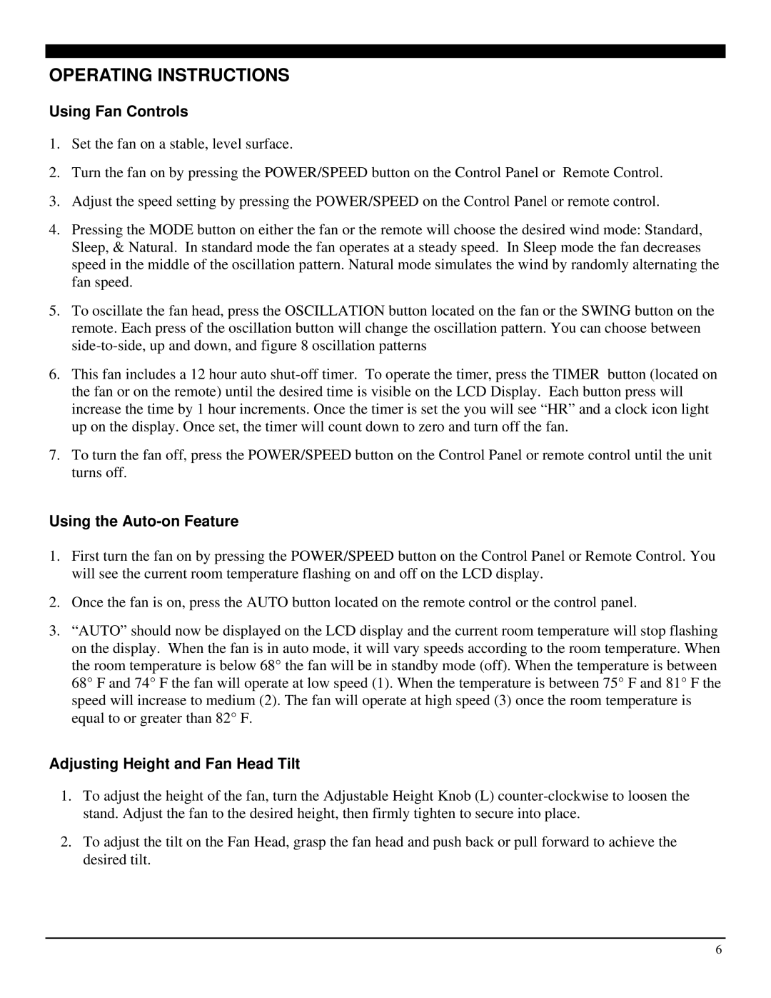 Soleus Air FS2-40R-32 operating instructions Operating Instructions, Using Fan Controls, Using the Auto-on Feature 