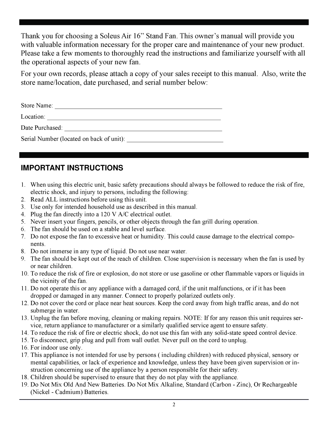 Soleus Air FS3-40R-30 manual Important Instructions 