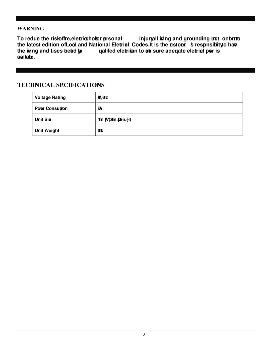 Soleus Air FS3-40R-30 manual Technical Specifications 