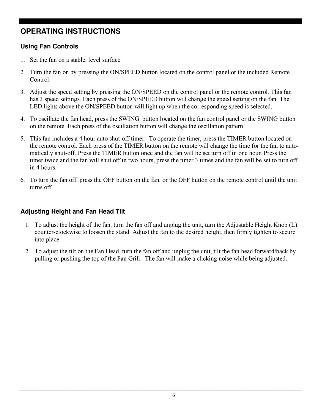 Soleus Air FS3-40R-30 manual Operating Instructions, Using Fan Controls, Adjusting Height and Fan Head Tilt 