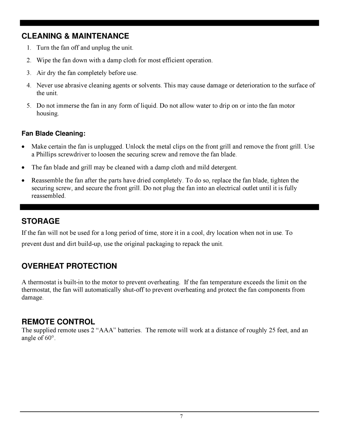 Soleus Air FS3-40R-30 manual Cleaning & Maintenance, Storage, Overheat Protection, Remote Control, Fan Blade Cleaning 