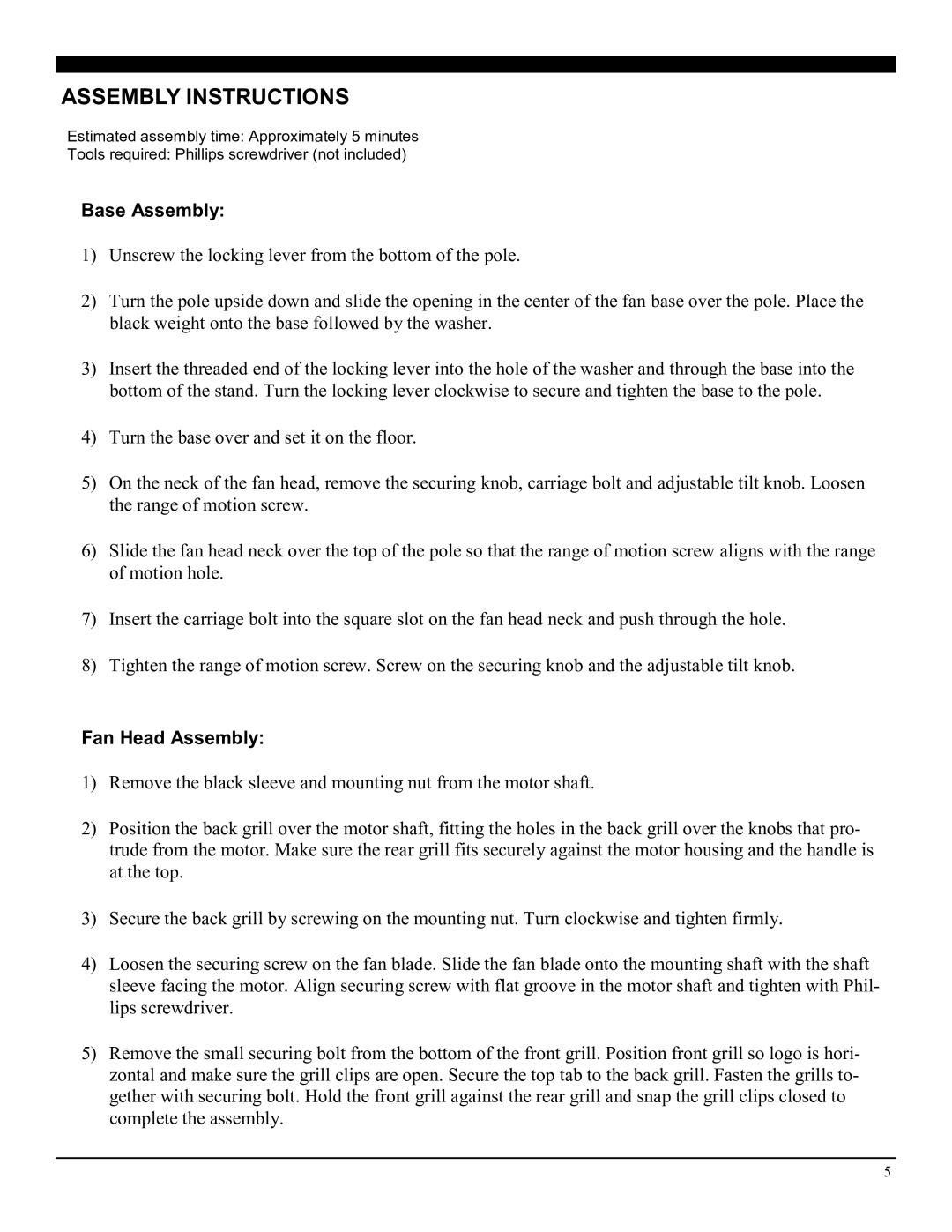 Soleus Air FSM-40 manual Assembly Instructions 