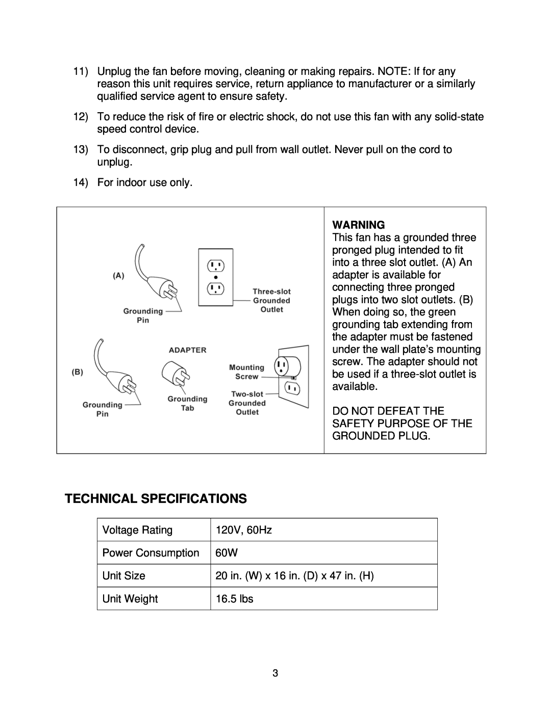 Soleus Air FSM-45 owner manual Technical Specifications 