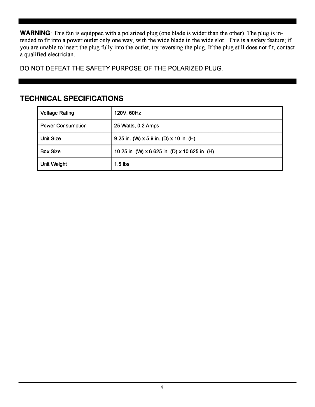 Soleus Air ft1-20-10 manual Technical Specifications 