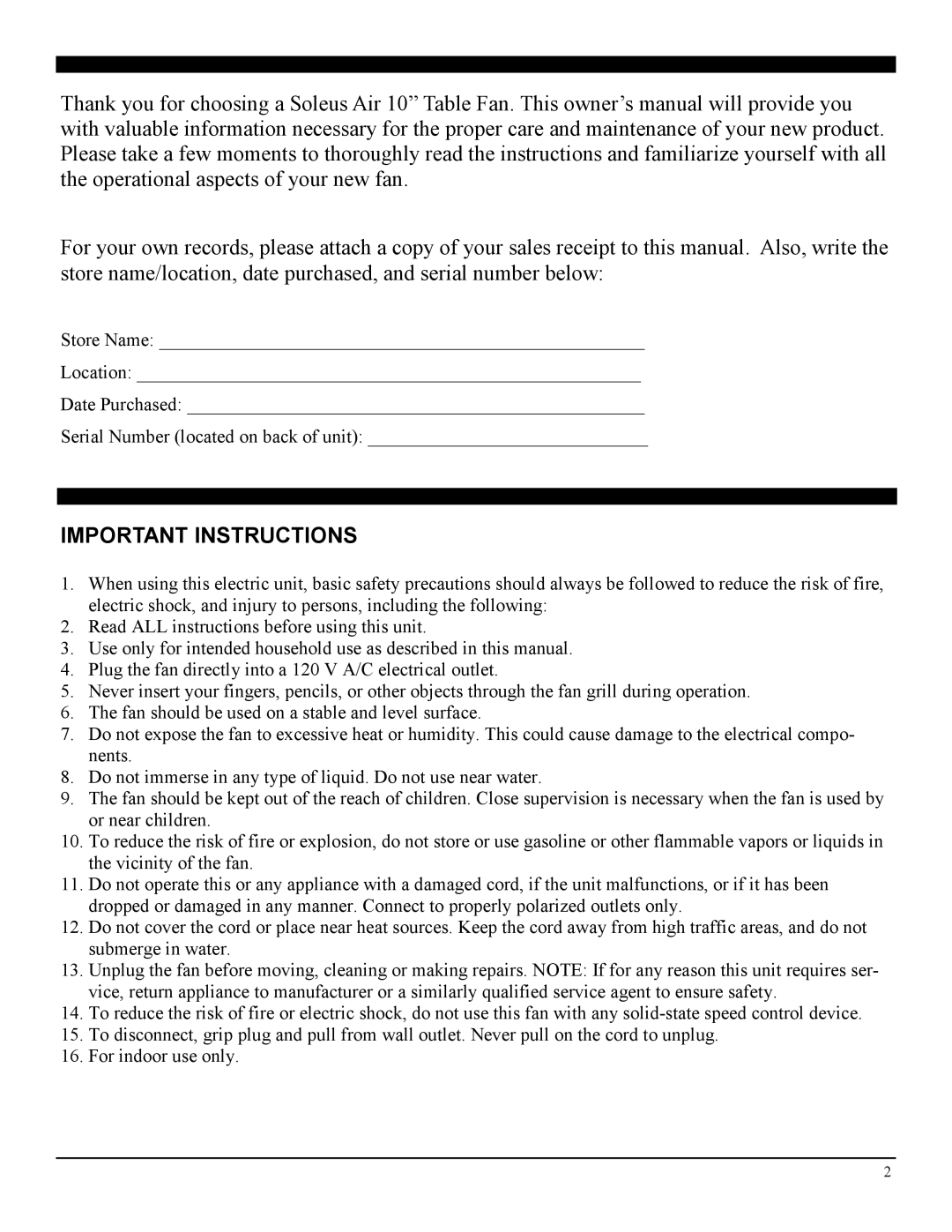 Soleus Air FT1-25-01 operating instructions Important Instructions 