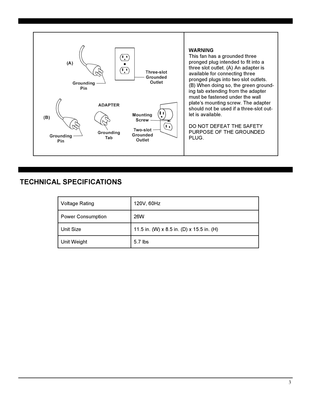 Soleus Air FT1-25-01 operating instructions Technical Specifications 