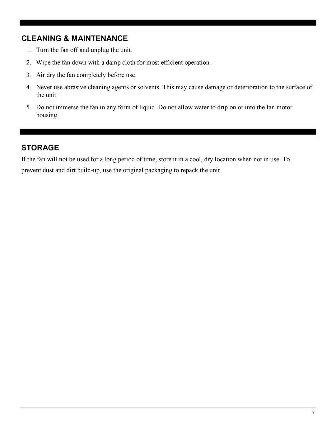 Soleus Air FT1-25-01 operating instructions Cleaning & Maintenance, Storage 