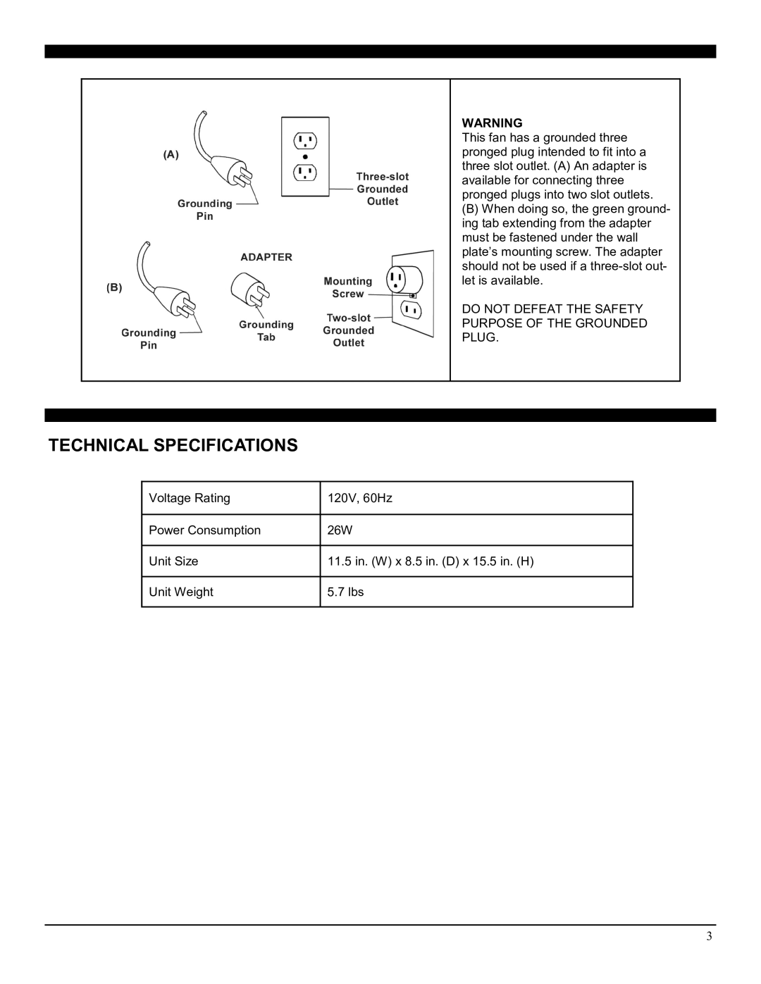 Soleus Air FT1-25-20/21 manual Technical Specifications 