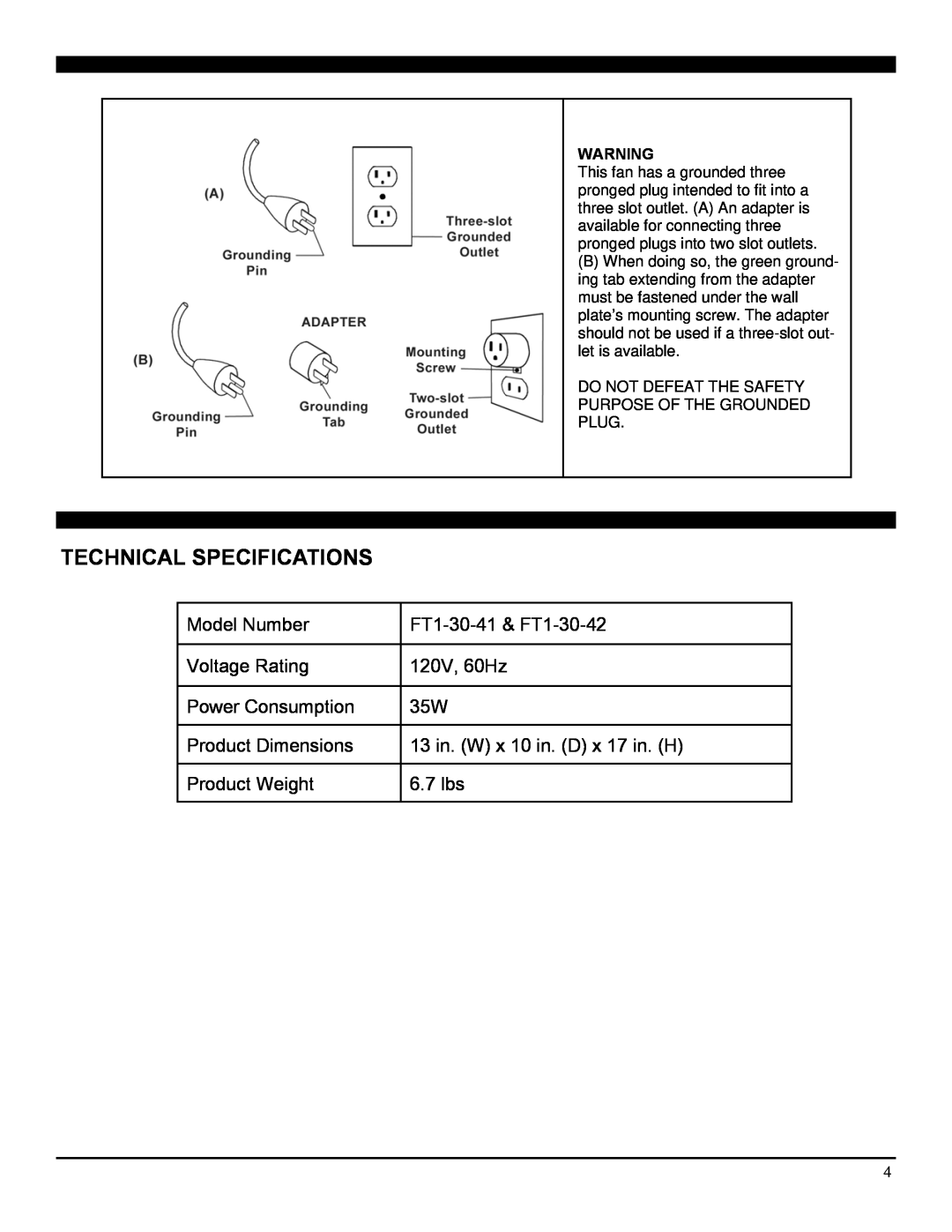 Soleus Air FT1-30-41 operating instructions Technical Specifications 