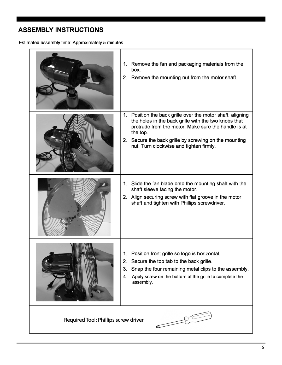 Soleus Air FT1-30-41 operating instructions Assembly Instructions, Required Tool Phillips screw driver 
