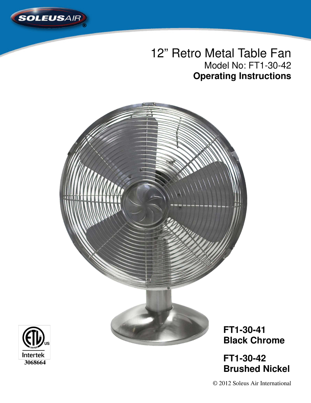 Soleus Air FT1-30-42 manual Retro Metal Table Fan 