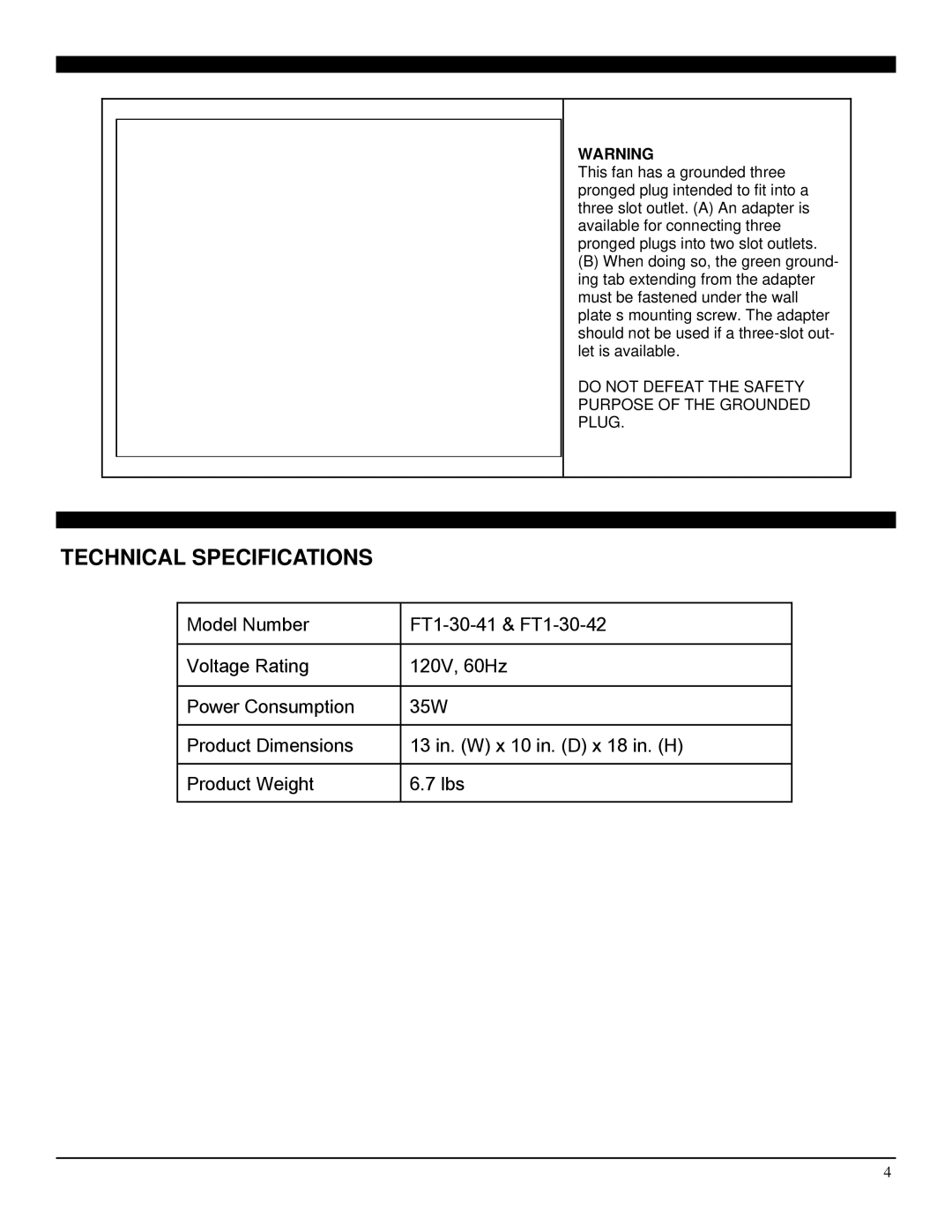 Soleus Air FT1-30-42 manual Technical Specifications 