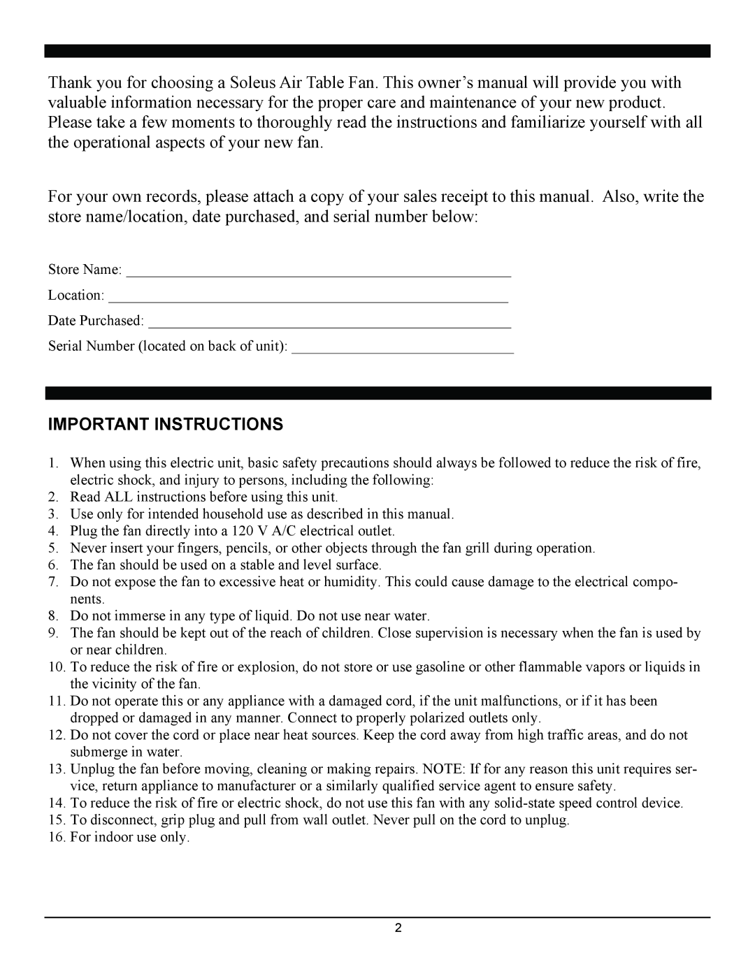 Soleus Air ft2-25-03 operating instructions Important Instructions 