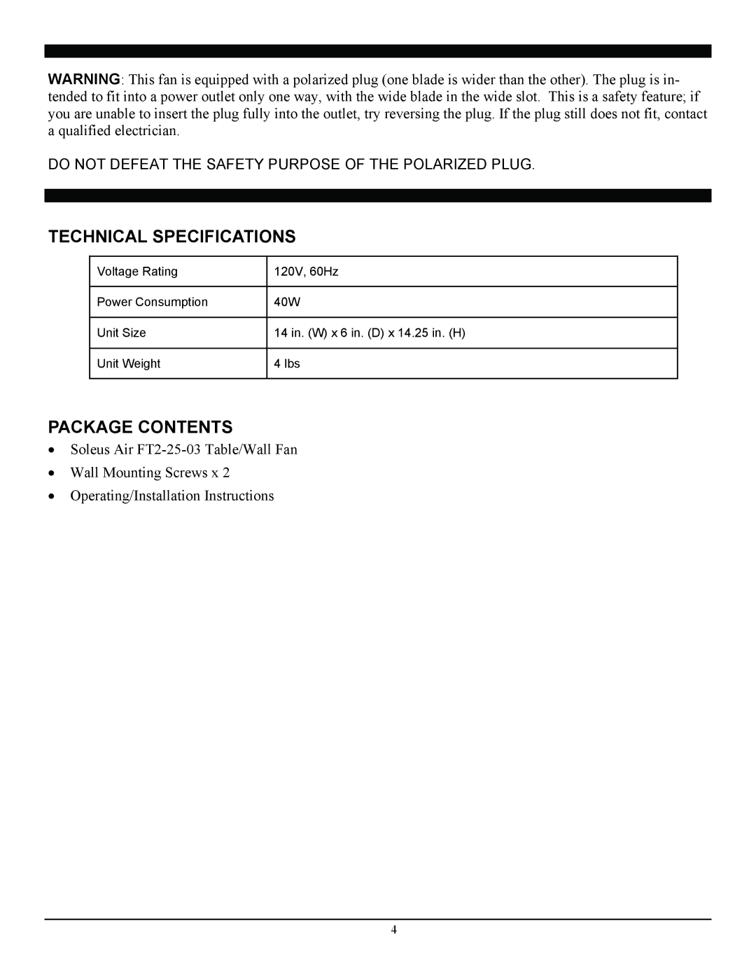 Soleus Air ft2-25-03 operating instructions Technical Specifications, Package Contents 